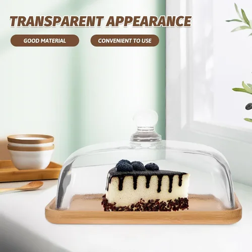 Vista 5 de Hemoton Plato de vidrio transparente para tartas con base de madera y cubierta de cúpula – 6.69 x 4.52 x 3.50 pulgadas, bandeja de postre