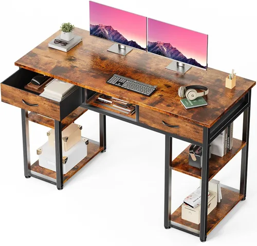 Vista 10 de DUMOS Escritorio para computadora de 48 pulgadas con cajones y gancho, color negro