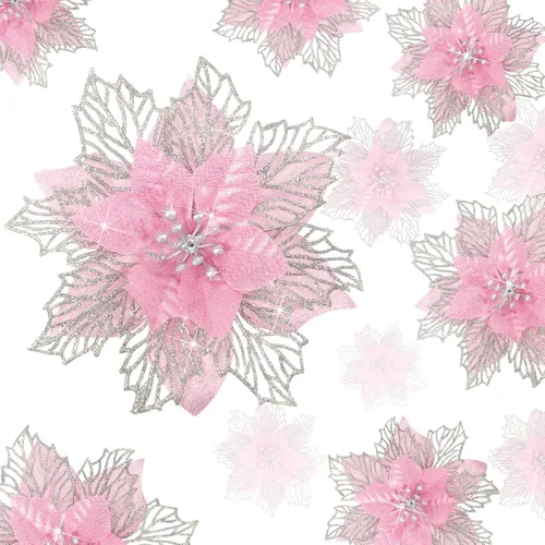 Vista 13 de Geosar 24 piezas de flores de Pascua con purpurina para Año Nuevo, flores artificiales en capas, adornos para árbol de boda y Año Nuevo, 3/4/6 Azul