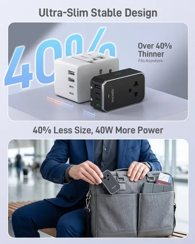 Vista 4 de EPICKA Air 40W Adaptador de viaje universal, adaptador de corriente internacional de carga rápida PD con 1 AC y 4 puertos USB, artículos compactos