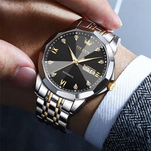 Vista 56 de OLEVS Reloj de pulsera automático con diseño de esqueleto para hombre, de lujo, con diamantes de lujo, de acero inoxidable, calendario, reloj