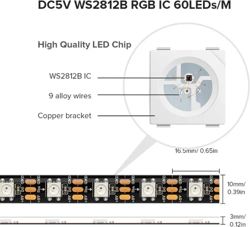Vista 3 de SEZO WS2812B ECO Tira de luz LED 16.4 pies/5M 60 píxeles/m 300 píxeles, direccionable individual, programable, 5050SMD, RGB digital, aleación