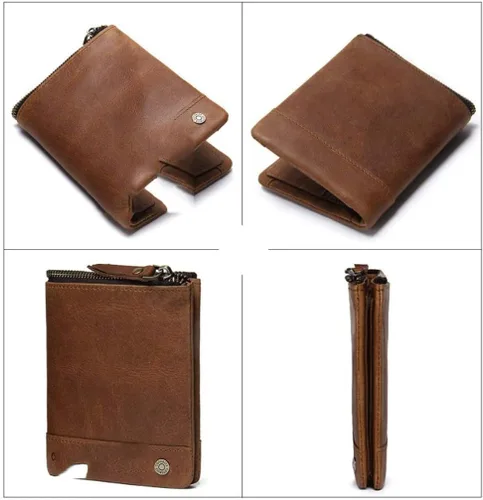 Vista 5 de Walnut Retro Crazy Horse - Cartera de cuero multifunción de tres pliegues para hombre, estilo vertical