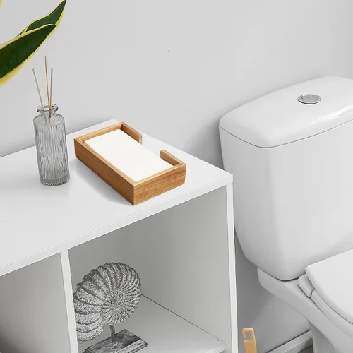 Vista 6 de Bandeja de soporte para toallas de invitados de madera de acacia para baño, servilletero para baño, soporte desechable de toalla de mano de papel