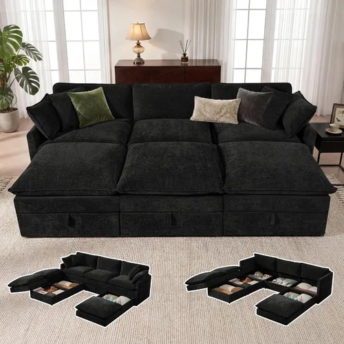 Vista 12 de Sofá modular con almacenamiento, sofá cama de 103 pulgadas, sofá cama seccional, sofá nube de gran tamaño con otomana móvil, sofá moderno de 6
