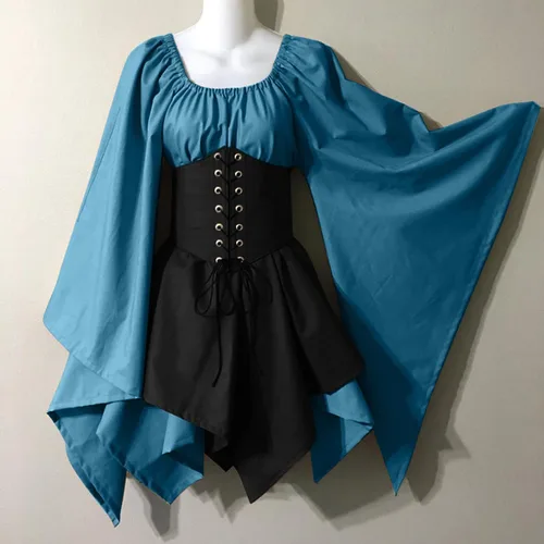 Vista 2 de FRMUIC Disfraz renacentista, vestido medieval para mujer, disfraz de Halloween, vestido de cosplay, vestido irlandés, vestido de manga de mariposa