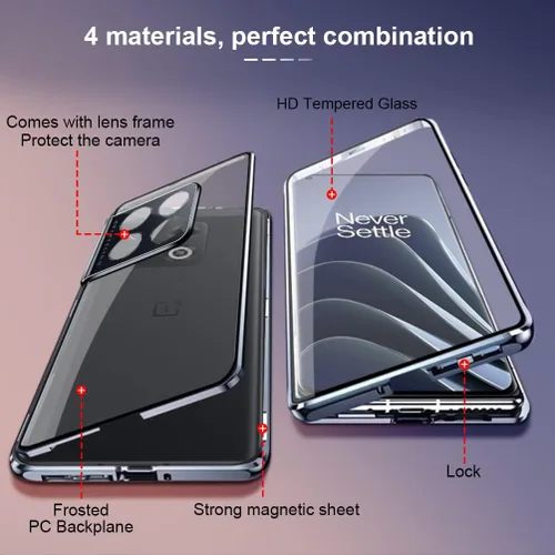 Vista 2 de QUIETIP Funda compatible con OnePlus 10 Pro, marco de metal magnético de vidrio templado transparente + policarbonato duro con parte trasera mate