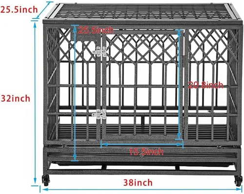 Vista 2 de SMONTER - Jaula resistente para perros, para perros grandes, caseta de metal fuerte y jaula, corralito con tres puertas, cuatro ruedas, 38 pulgadas