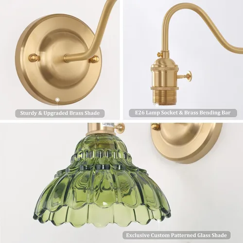 Vista 6 de Shenmoyl - Aplique de pared que funciona con pilas, lámparas de pared vintage recargables con pantalla de vidrio de lirio verde, lámpara de pared