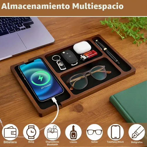 Vista 3 de Bandeja de valet, madera de acacia y superficie de cuero con puerto