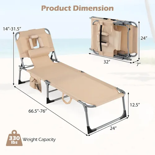 Vista 3 de Tangkula Silla de Bronceado con Orificio para la Cara, Silla Reclinable Plegable y Ajustable para Patio, Playa, Tomar el Sol con Bolsillo Lateral
