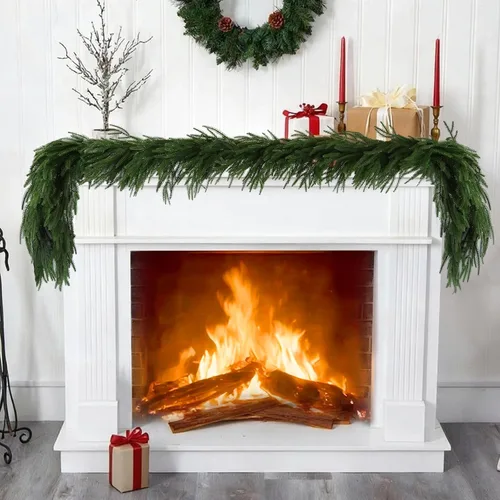 Vista 4 de Paquete de 2 guirnaldas navideñas de 6 pies con toque real de pino Norfolk, guirnalda verde realista para repisa de chimenea, chimenea, escaleras