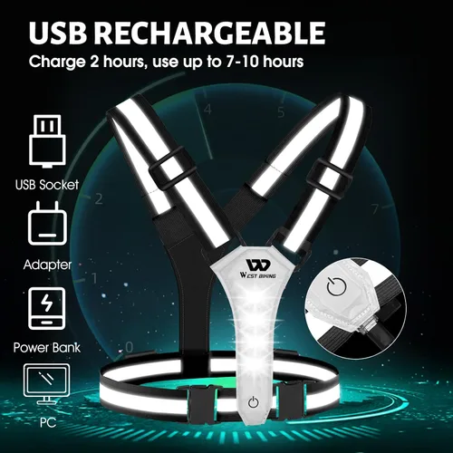 Vista 4 de West Biking Chaleco ligero para correr – Equipo reflectante LED para correr para caminar por la noche, chaleco de correr recargable de alta