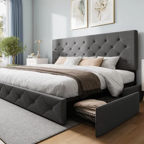 Vista 18 de WEEWAY Base de cama de plataforma de tamaño matrimonial con 4 cajones de almacenamiento, cabecera capitonada con botones de costura de diamante
