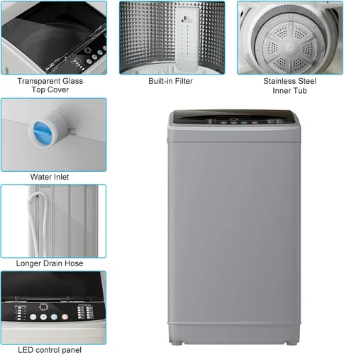 Vista 2 de Lavadora completamente automática de 21 libras, lavadora portátil de 2.5 pies cúbicos con bomba de drenaje, 10 programas de lavado y 8 niveles