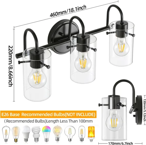 Vista 7 de 3 luces de tocador, lámparas de pared de baño negro mate sobre el espejo, aplique de pared moderno con pantalla de vidrio transparente, lámpara