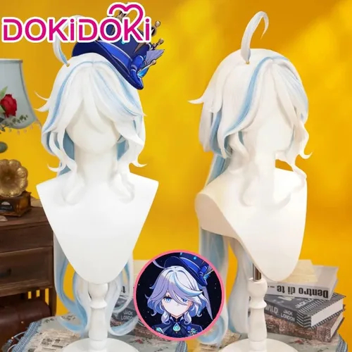 Vista 2 de KIRA KIRA Genshin Impact Fontaine Furina - Peluca de cosplay de Focalors, peluca larga y rizada de cabello azul, peluca de fiesta de Halloween