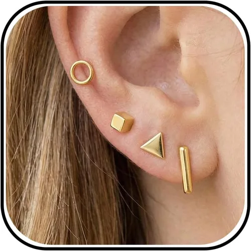 Vista 9 de Aretes pequeños para mujeres, aretes de botón simples con círculo pequeño, triángulo, barra cuadrada, aretes geométricos, aretes mini de cartílago