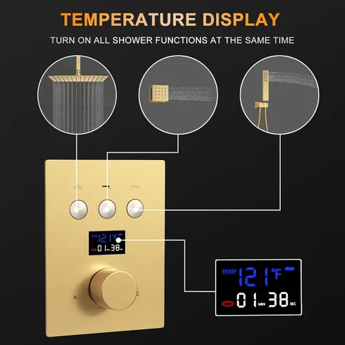 Vista 2 de AYIVG Válvula mezcladora termostática de oro cepillado, pantalla de temperatura, función de 3 vías, válvula desviadora de ducha, grifo de latón, kit