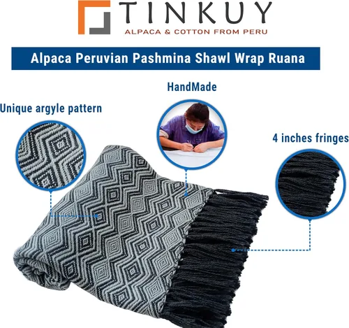 Vista 4 de TINKUY PERU - Chal de alpaca peruana de pashmina Ruana, 61 x 22 pulgadas, talla única