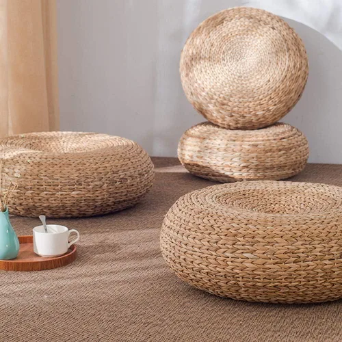 Vista 4 de Etlegor Pufs y reposapiés, Futón Puf Futón Cojín Taburete Estilo Japonés Tatami Mat Gattail, Hoja de plátano tejida a mano natural y respetuoso
