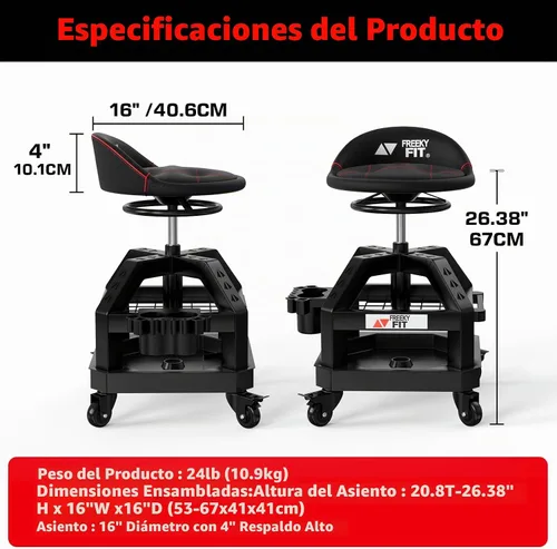 Vista 8 de Rolling Shop Taburete para garaje con ruedas, DO02 - Asiento giratorio de 360° de altura ajustable con almacenamiento de bandeja de herramientas