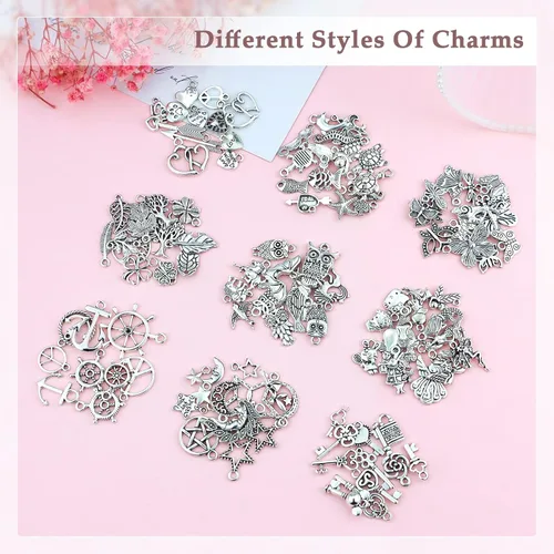 Vista 5 de JIALEEY 200 piezas al por mayor de lotes a granel para hacer joyas, dijes mezclados de metal tibetano de plata tibetana, dijes para bricolaje