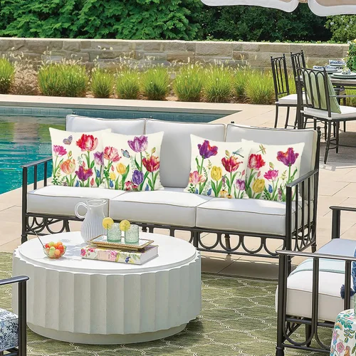 Vista 3 de Bonhause Juego de 4 fundas decorativas para cojín de 18 x 18 pulgadas con diseño de tulipanes y flores de jardín para exteriores, para patio, sofá