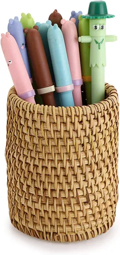 Vista 8 de BTSKY Paquete de 3 vasos de ratán, soportes para lápices de escritorio hechos a mano, soporte para brochas de maquillaje, cesta tejida