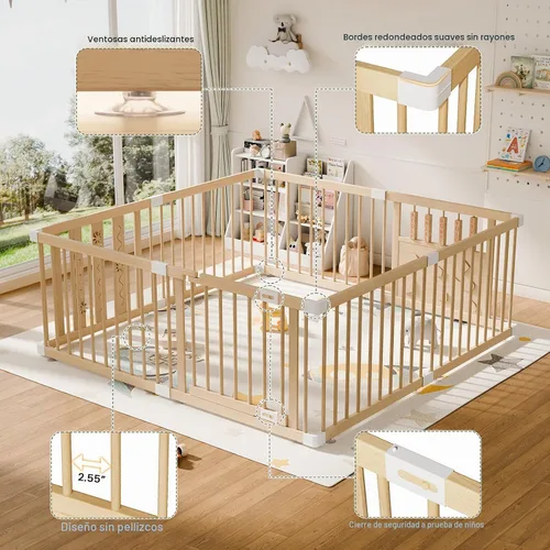 Vista 4 de Parque infantil de madera para bebés con puerta de seguridad, patio grande de 64 "x 64" para bebés Natural Pine Wood Playpen with Built-in Toys