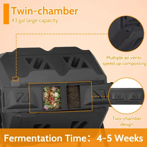 Vista 6 de Contenedor de compost, 43 galones de compostaje de cocina, contenedores de compostaje giratorios, puertas correderas de doble cámara para patio