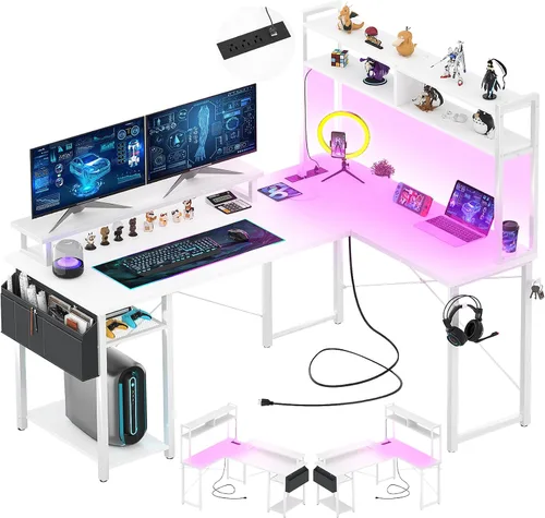 Vista 11 de Aheaplus Escritorio pequeño en forma de L para gaming con luces LED y tomas de corriente, escritorio reversible en forma de L para computadora