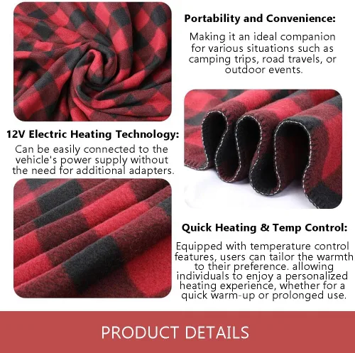 Vista 5 de Amazingforless Manta eléctrica de 12V con forro polar para coche con controlador para temporizador y niveles de calor (plaid negro y blanco)