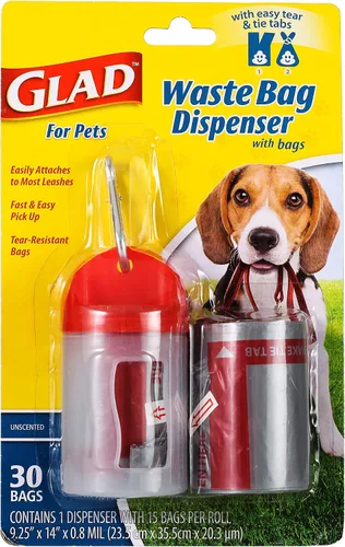 Vista 2 de Glad Bolsas de basura para perros extragrandes sin perfume con dispensador y clip de metal, bolsas de plástico desechables resistentes