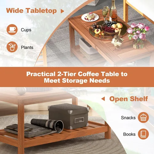 Vista 7 de Giantex Mesa de centro de madera dura para patio, mesa de centro de madera de 2 niveles con mesa de listones y estante de almacenamiento, mesa