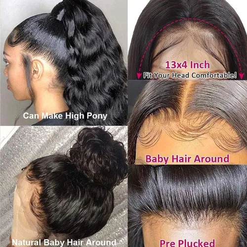 Vista 9 de Pelucas de cabello humano ondulado con encaje frontal de 13 x 4 HD, predepilada con Baby Hair, pelucas de cabello humano sin pegamento para mujeres