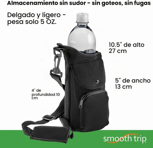 Vista 6 de Smooth Trip One Size Stretch Water Bottle Holder with Strap - Insulating Neoprene Bottle Holder for Walking with Storage and Phone Pocket, Fits up