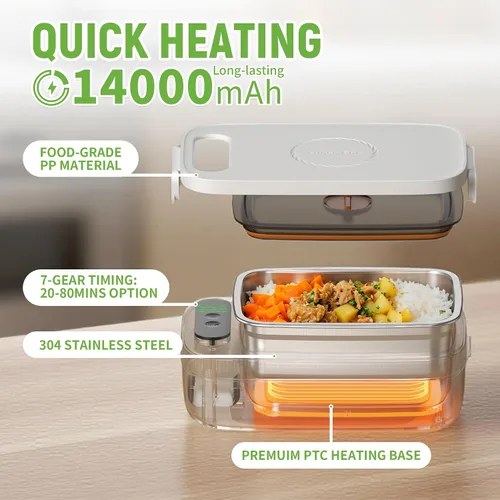 Vista 7 de Fiambrera eléctrica inalámbrica, 14000 mAh recargable con bolsa grande para adultos, calentador de alimentos portátil autocalentable de 1 litro