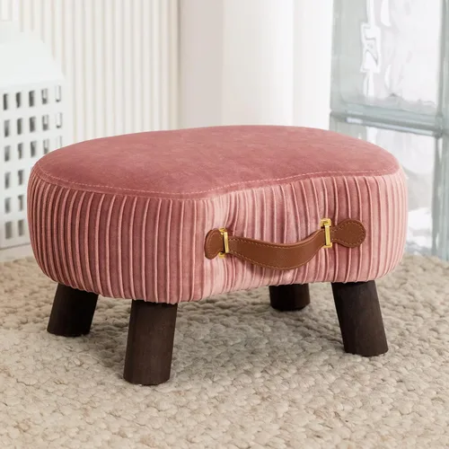 Vista 14 de LUE BONA Taburete pequeño curvado con asa, reposapiés de terciopelo beige y otomanos, moderno reposapiés con patas de madera, taburete con asiento