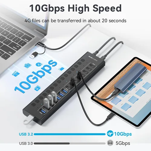 Vista 4 de Hub USB 3.2 alimentado, ACASIS 16 puertos USB 3.2 Hub (8 puertos USB-A 3.2 + 8 puertos USB-C 3.2), concentrador USB de aluminio alimentado