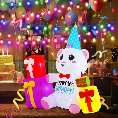 Vista 2 de Caja de regalo de cumpleaños inflable de 6 pies con oso, luces LED incorporadas y luces giratorias de colores, decoración inflable de feliz