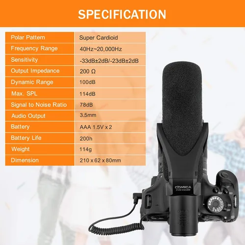 Vista 7 de COMICA CVM-V30PRO Micrófono de escopeta, micrófono de video profesional súper cardioide con soporte de choque, kit de micrófono de cámara