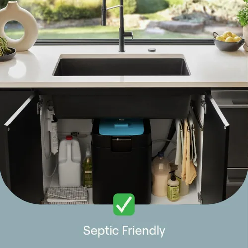 Vista 4 de Sepura El primer triturador de basura de compostaje seguro para sépticos del mundo con alimentación continua, eliminación antiatascos y contenedor
