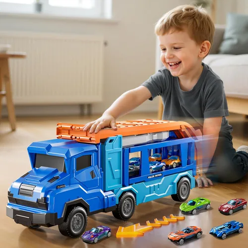 Vista 4 de Juego de camiones y coches para niños de 3, 4, 5, 6, 7, 8 años, juego de camiones transportadores con pista de 12 coches fundidos a presión