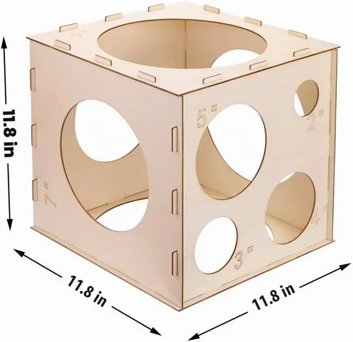 Vista 2 de Caja de cubo plegable de madera con 9 agujeros de 2 a 10 pulgadas, herramienta de medición de globos para cumpleaños, bodas, decoraciones de fiesta