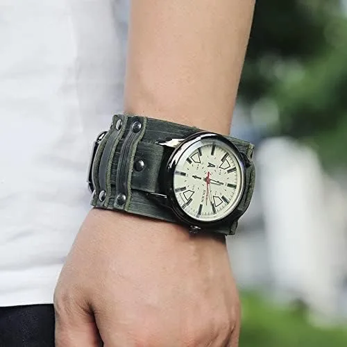 Vista 2 de Relojes de cuero dominantes punk y retro para hombre, pulseras punk, doble capa cosidas a mano, relojes de pulsera para hombre