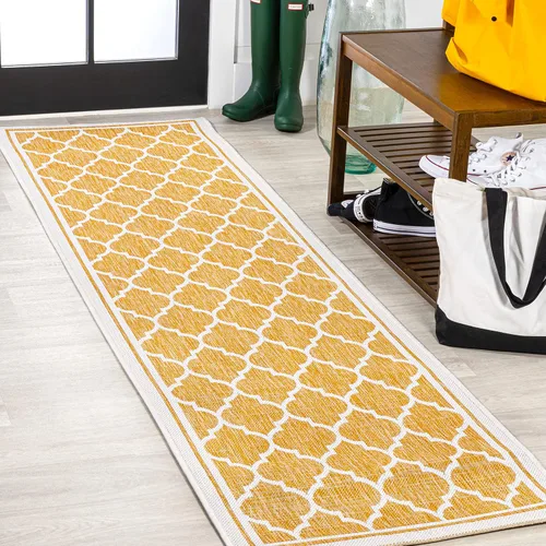 Vista 42 de JONATHAN Y Tapete marroquí con diseño enrejado para interiores y exteriores, 2 x 8 pies, marrón/beige, tejido texturizado de trébol para patio