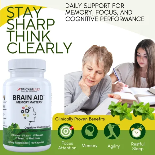 Vista 3 de Bricker Labs Brain Aid Memory Matters - Suplemento cerebral nootrópico con extracto de menta verde Neumentix, apoya la memoria, el enfoque
