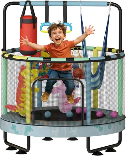 Vista 19 de LAMERGE Trampolín redondo 7 en 1 de 55 pulgadas para niños y niñas de 1 a 8 años, trampolín para interiores y exteriores para diversión, barandilla