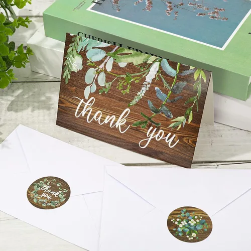 Vista 4 de Whaline Paquete de 30 tarjetas de agradecimiento rústicas con sobres, calcomanías de acuarela, eucalipto marrón, tarjetas de felicitación